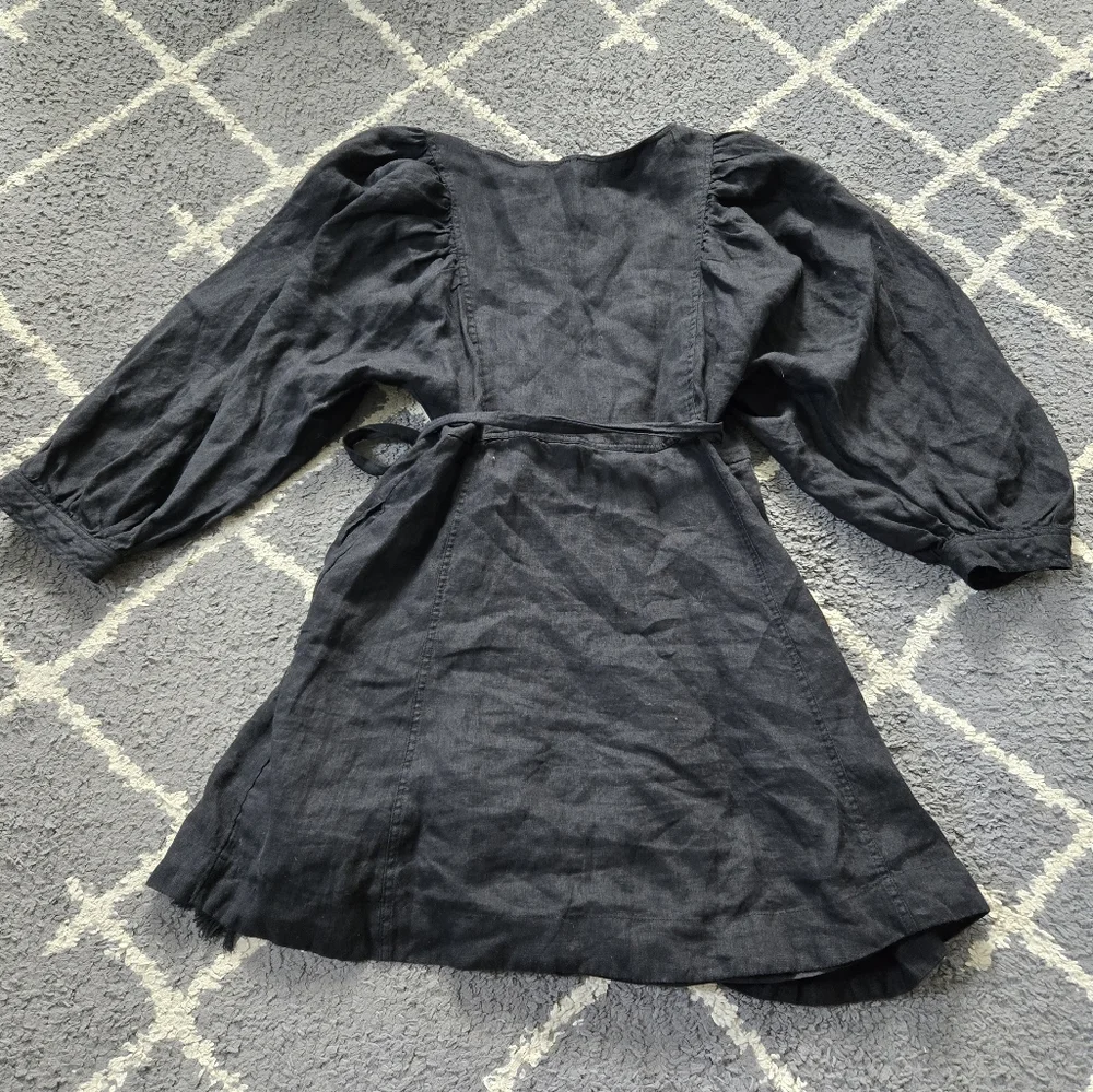 FREE PEOPLE Black Linen Carino Mini Wrap Dress Small Petite - Picture 11 of 14